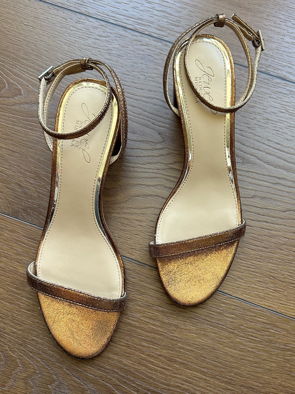 Jewel Badgley Mischka Metallic Bronze Ankle-Strap Block Heels
